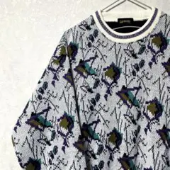 デザインニット　総柄　ヴィンテージ　レトロ　アート　奇抜　ホワイト　裏起毛