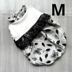 犬服　ハンドメイド　小型犬Mサイズ　リーフ柄　レース　白　グレー　ラグラン　半袖