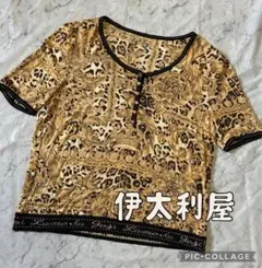 美品✨伊太利屋イタリヤ☆GKレオパード柄 ビジューボタン トップス 11号 Lのサムネイル