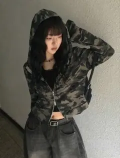 迷彩柄 カモフラ ハーフジップ パーカー ショート丈 ストリート
