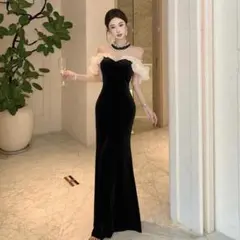 マーメイドロングドレス　オフショルダー　シフォンフリル　ブラック　サイズL