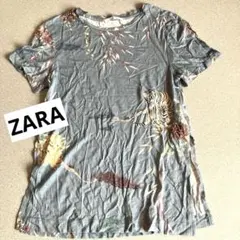 ザラ　虎と竹菊　和柄のプリント 半袖Tシャツ Sサイズ　レーヨン　両脇裾カット