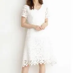 【プロポーションボディドレッシング】アイボリーレース半袖ワンピースM