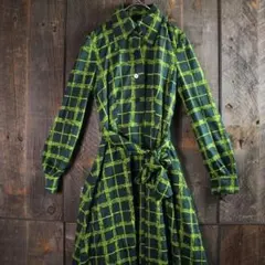 古着　ヴィンテージ　ワンピース　長袖　総柄　レトロ　グリーン　ロング丈　M