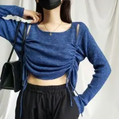 me+em select 　カットアウトシャーリングリボンリブニットトップス