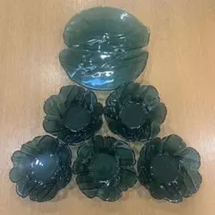 昭和レトロ カメイガラス お皿 藍 セット 深緑