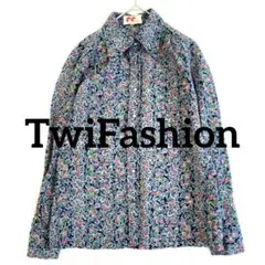 【ツインファッション】花柄シャツ　長袖　グレー×ピンク　レトロヴィンテージ