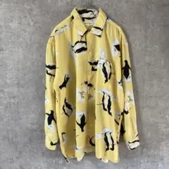 emaZ nabok 長袖シャツ アート総柄 ペンギン柄 黄色　レーヨン