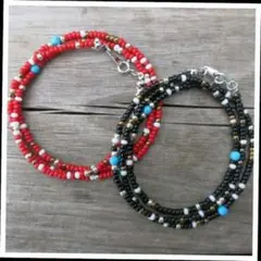 ★Red&Black【2set】 55cm ネイティブカラー ビーズネックレス2