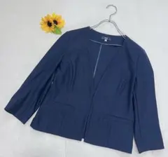 キース　M　美品　ノーカラージャケット　薄手　オフィス　ネイビー　きれいめのサムネイル