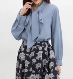 Honeys ボウタイ ラッフル ブラウス グレイッシュ ブルー 長袖 シャツ