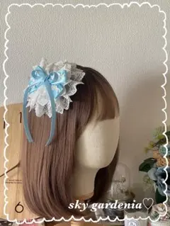 ♡ホワイトダブルレース ローズ水色リボン 円形ヘッドドレスロリータ量産型ゴスロリ