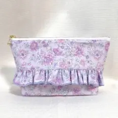 送料込み　＊　ポケットティッシュケース　ポーチ　＊　ハンドメイド　花柄　パープル