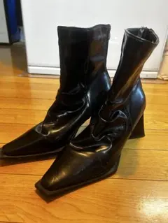 スクエアトゥ ショートブーツ ブラック 太ヒール モード系 韓国ファッション