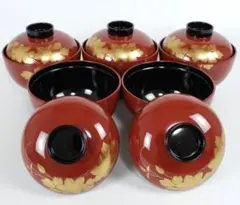 会津塗 漆器 坂本乙造 乙造作 金彩 蒔絵 唐草 蓋付き 汁椀 吸物碗 五客揃 会津塗 坂本乙造作 金彩蒔絵 本漆仕上 蓋付きお吸い物椀揃 5客 汁椀