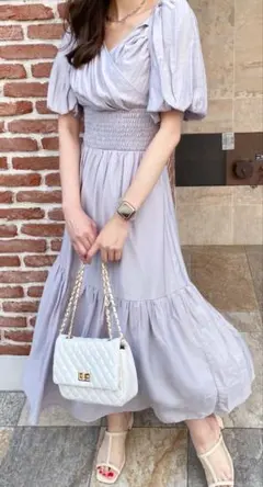 イング　カシュクールティアードパフスリーブワンピース　グレー　サイズM