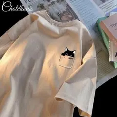 メンズ Tシャツ 半袖 猫 ポケット風イラスト ビッグシルエット サイズXL