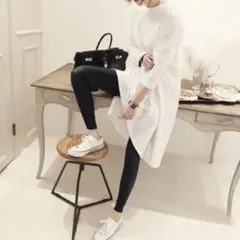 春 夏 スリット 長袖Tシャツ ワンピース ロング丈 ロンT 白