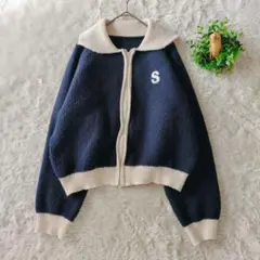 Dazy バイカラー ニットフルジップカーディガン M　羽織り　セーター　S刺繍