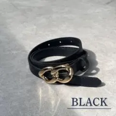 レディース 細め ベルト 黒 ダブルリング ゴールドバックル シンプル ブラック