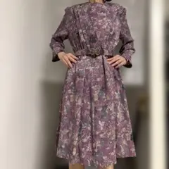 昭和レトロ　長袖ワンピース　カシュクール　ベルト付き　藤色　花柄　ヴィンテージ