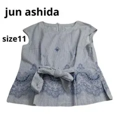 美品　jun ashida ストライプ柄 刺繍入り 半袖ブラウス ウエストリボンのサムネイル