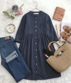 【極美品】スタディオクリップ リネン100ネイビー ストライプワンピース 麻 Ｆ
