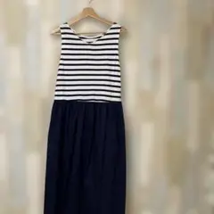 シサム工房　ボーダー柄 ノースリーブワンピース 紺色のサムネイル