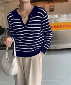 値下げ不可　襟付き配色ボーダーニット