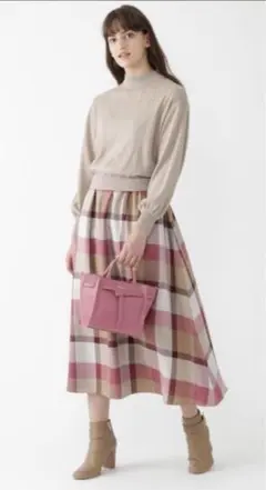 新品ブルーレーベルクレストブリッジチェックエアリーツイルニットコンビワンピース難