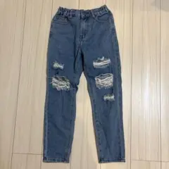 デニムブルー ダメージ加工 ロングパンツ