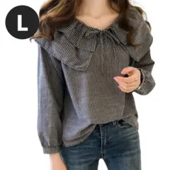 ブラウス 黒 L ストライプ レディース 長袖 トップス リボン フリル 春服