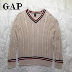 OLD GAP 00s リネン混ニット ケーブル編み Vネック トリコロール