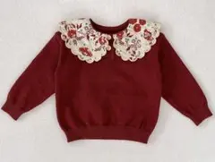 ワインレッド 花柄レース襟 ニットセーター 12-18M