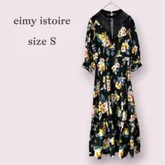 【eimy】エイミー　花柄　ワンピース　胸元レース　フリル　エレガント　ブラック