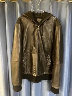 ラムレザー 羊革 ESPRIT フード付きブラックレザージャケット