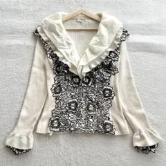 美品 スーパービューティー フラワー刺繍 レース フリル カーディガン 42 白