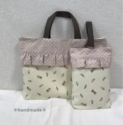 フリル付き花柄手提げバッグ2点セット