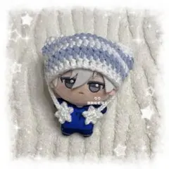 編み物 ちびぐるみ ぬい服 猫耳ニット帽 ホワイト×キラキラライトブルーのサムネイル