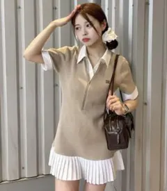 NICE CLAUP ドッキングプリーツミニワンピース M ベージュ