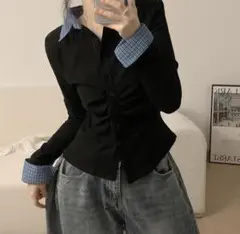 amood 青チェックシャツレイヤードTシャツ 秋服 冬服