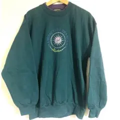オーバーサイズ裏起毛長袖トレーナー 刺しゅうスウェットプルオーバー グリーン青緑