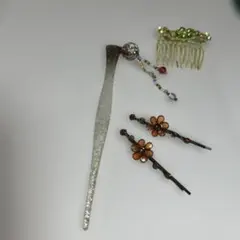 ビーズかんざしと花柄髪飾り3点セット
