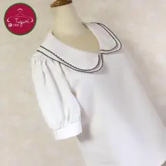 レトロ ブラウス シャツ 重ね襟 刺繍 バルーン袖 上品 古着 ホワイト 紺のサムネイル
