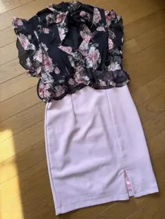 ジュエルズ　花柄 フリル トップス ペプラム タイトスカート ドレス　Lサイズ