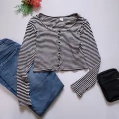 k149 H&M ボーダー 長袖リブカーディガン XS 黒 白 ショート丈のサムネイル