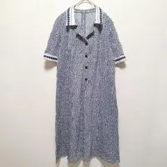 ❤希少 ヴィンテージ 幾何学模様 ワンピース レトロ 総柄 ネイビー 半袖