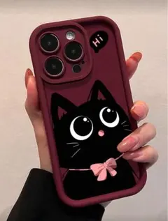 iPhone16用ケース ワインレッド 黒猫リボンデザイン 海外製 ソフトカバー