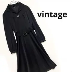 昭和レトロ M 黒の長袖ベルト付きロングワンピース 卒業式 ヴィンテージ