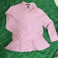 ピンクギンガムチェック ペプラムシャツ